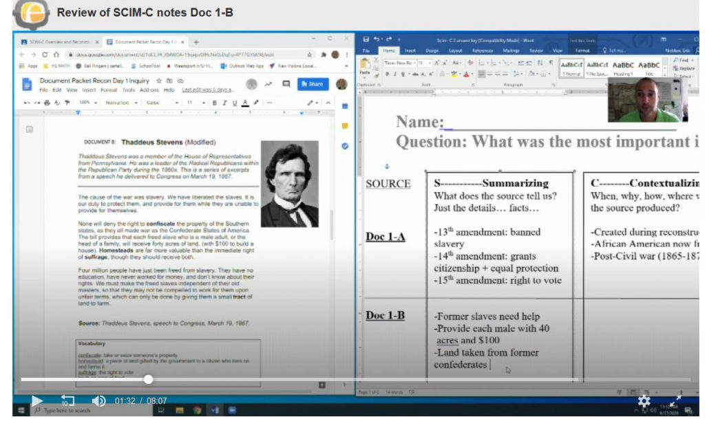 A screen shot of a remote lesson from history class
