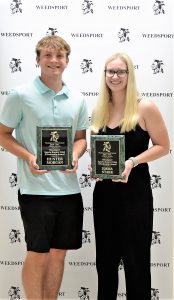 Hunter Morgan and Emma Start receive the Weedsport Sports Booster Club Scholarship