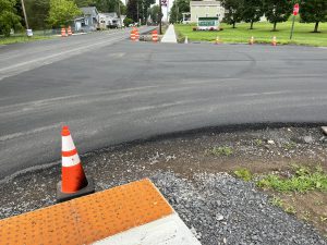 A closer look at construction work showing new paving at the entrance to the Jr.-Sr. High School