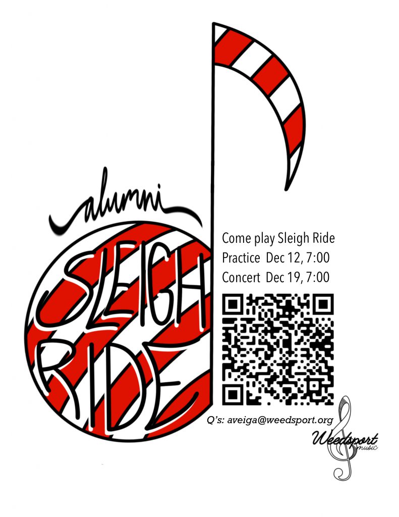 A flyer with an accompanying QR code for Weedsport alumni to use if they want to play a song with the band at the upcoming Jr.-Sr. High School winter concert.