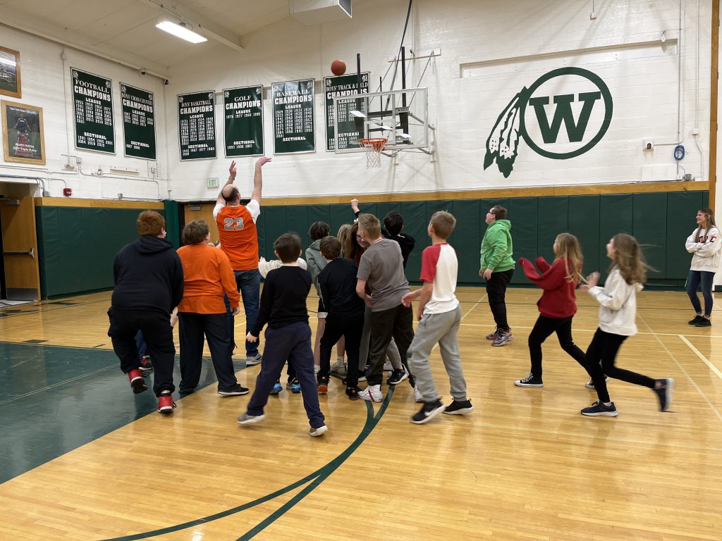 Sixth grade students participate in a Free Throw STEM Challenge in the Jr.-Sr. High School gymnasium.