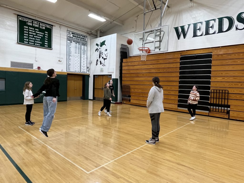 Sixth grade students participate in a Free Throw STEM Challenge in the Jr.-Sr. High School gymnasium.
